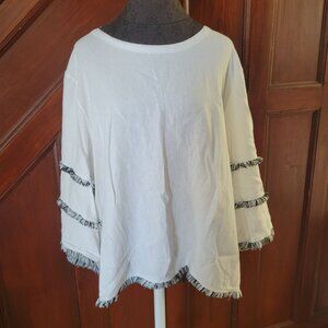 Cynthia Rowley 1X White Fringe Trim Linen Womens Blouse Top
